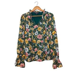 Hudson Gray Women’s Large Floral Blouse Gray Green Long Sleeve Casual Dressy Top